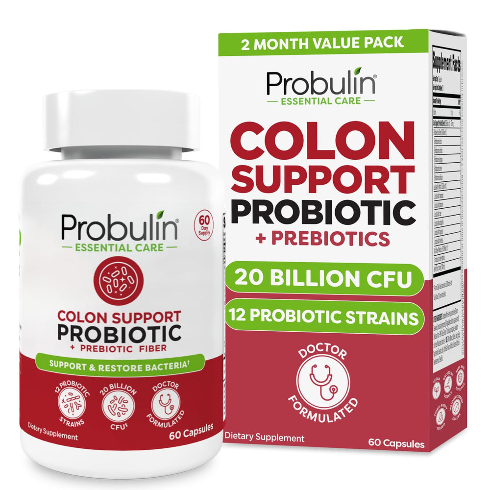 Probulin colon support bottle front showing the 60-count probiotic supplement for daily gut balance.