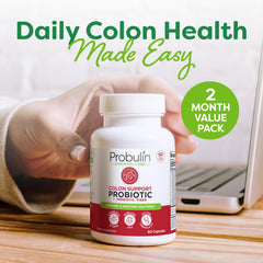 Probulin colon support label close-up with 12-strain blend.