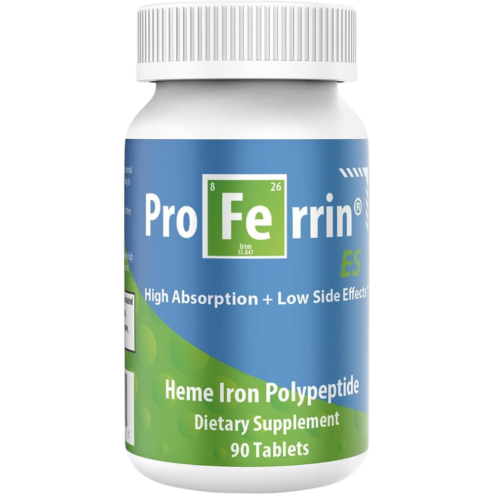 Proferrin ES bottle label highlights 90 tablets for easy-on-the-gut use.