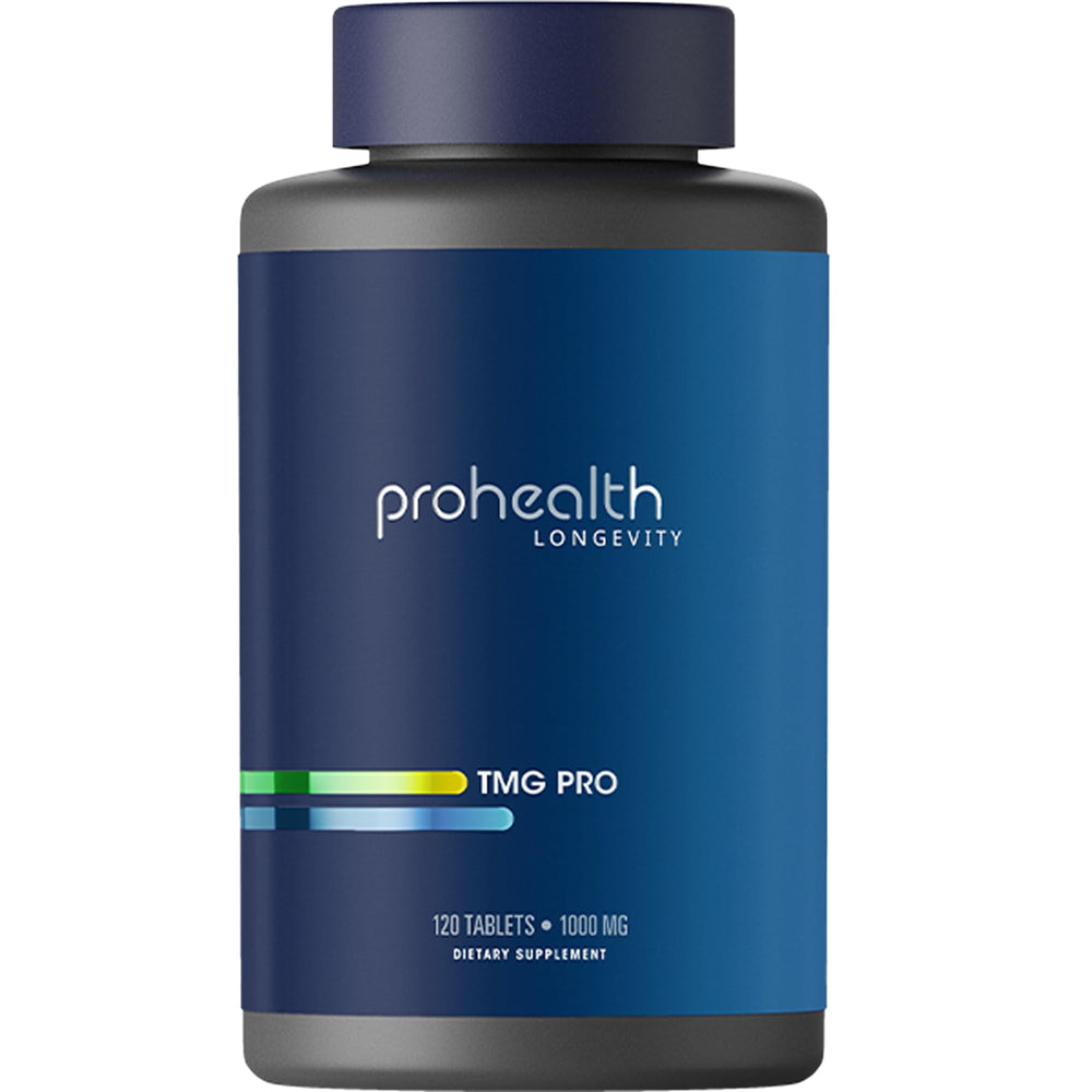 ProHealth Longevity TMG tablets in bottle with a clean label for daily methylation support.