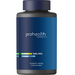 ProHealth Longevity TMG tablets in bottle with a clean label for daily methylation support.