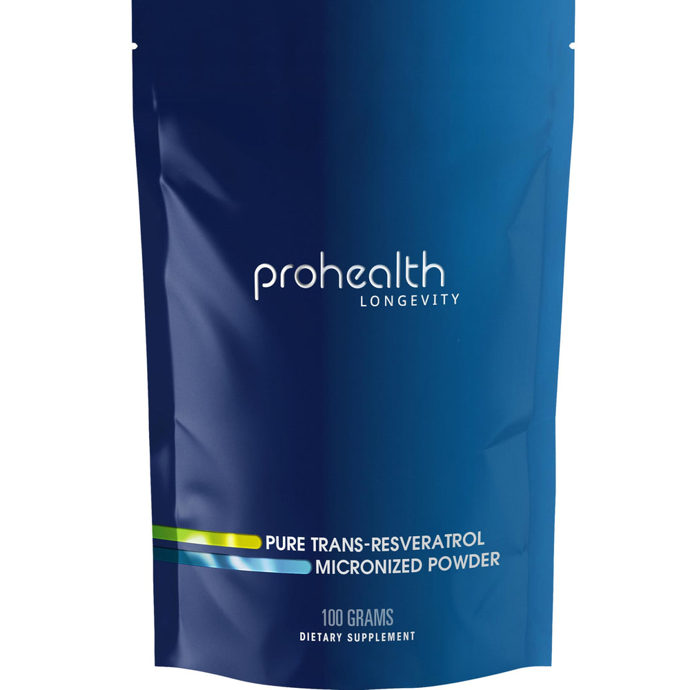 ProHealth Longevity Trans-Resveratrol bottle label emphasizes premium pharmaceutical-grade formula.