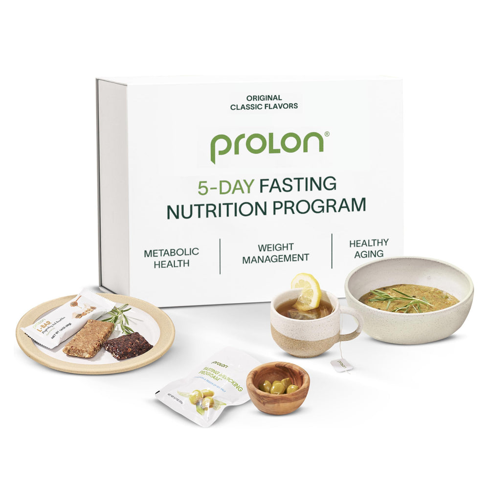 Prolon 5-day kit box with samples for a guided fasting program.