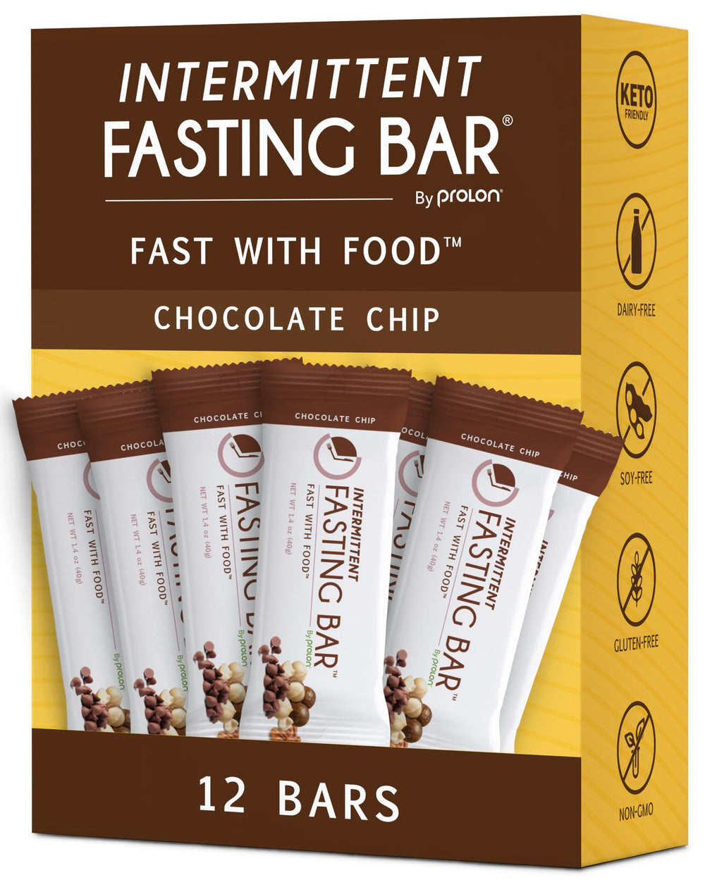 Prolon Chocolate Chip Bar on wood surface, a convenient fasting snack that helps curb cravings