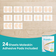 Promifun moleskin adhesive pads close-up on heel area for friction reduction.