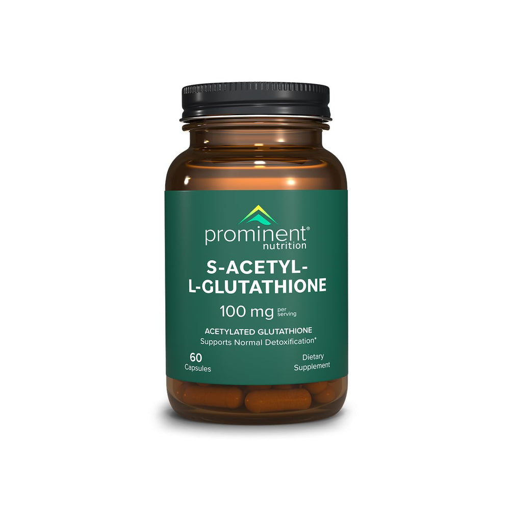 Prominent Nutrition S-Acetyl L-Glutathione bottle highlights antioxidant support.