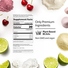 Promix BCAA Cherry Lime powder close-up showing plant-based formula.