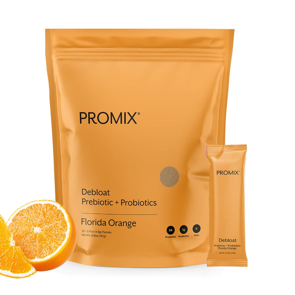 ProMix Nutrition Debloat bottle label with orange flavor and gut-friendly ingredients.