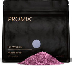 Promix Nutrition Pre-Workout Mixed Berry bottle highlighting clean energy and focus.