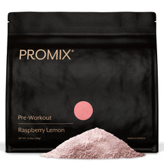 Promix Nutrition Pre-Workout Raspberry Lemon bottle highlighting energy and focus.