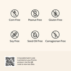 Promix packaging highlights gluten-free, soy-free, corn-free claims for mindful snacking.