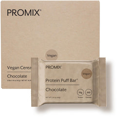 Promix Nutrition vegan protein puff bars chocolate box shows rich aroma and protein boost.