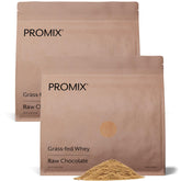 ProMix Nutrition whey protein powder raw chocolate pouch highlights grass-fed sourcing for recovery support.