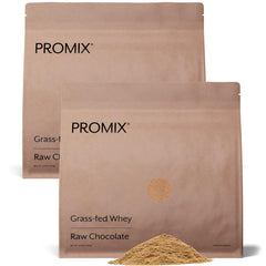 ProMix Nutrition whey protein powder raw chocolate pouch highlights grass-fed sourcing for recovery support.