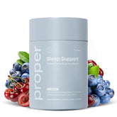 Proper Blues Sleep Aid powder tub close-up highlighting blueberry flavor for nighttime calm.