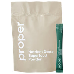 Proper Greens Daily Boost container highlights convenient daily nutrition.