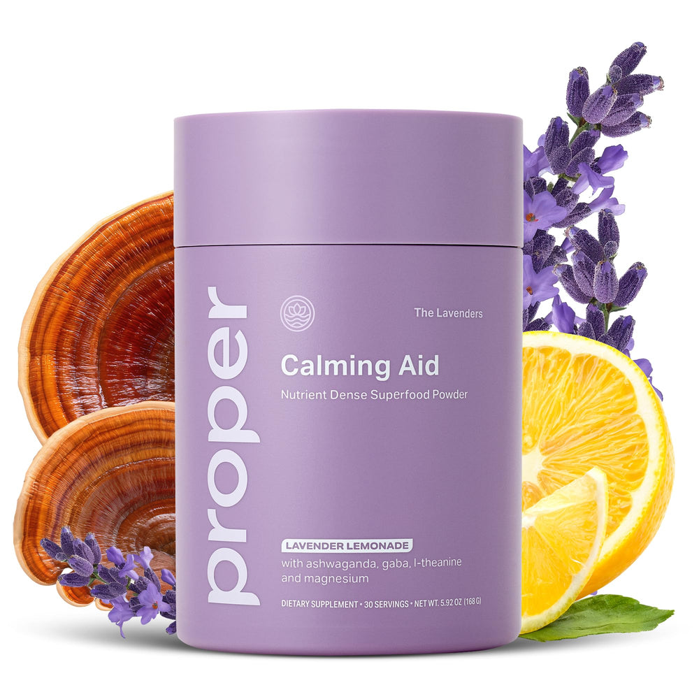 Proper Lavenders Calming Aid bottle front view for daily relaxation with lavender flavor.
