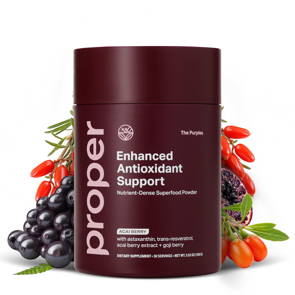 Proper The Purples bottle pour highlights antioxidant-rich powder for daily use.