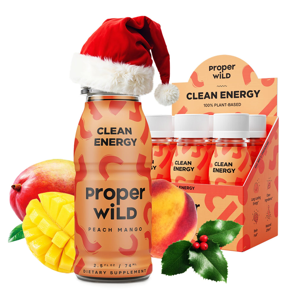 Proper Wild Peach Mango energy shot bottle with tropical flavor boost.