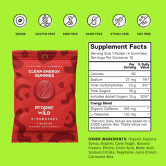 Proper Wild vegan energy gummies close-up with strawberry flavor and energy boost.