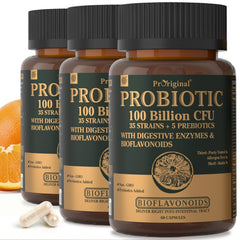 Proriginal Probiotics bottle shows 100B CFU potency for daily digestive support.