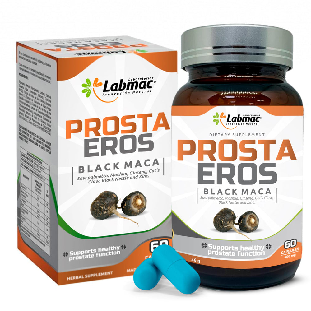 Prosta Eros prostate support capsules in bottle highlighting herbal blend for daily vitality