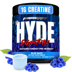 PROSUPPS Mr HYDE blue razz tub energizes workouts with focused endurance.