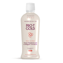 ProT Gold liquid collagen shot bottle front, 17g protein per serving for daily support.