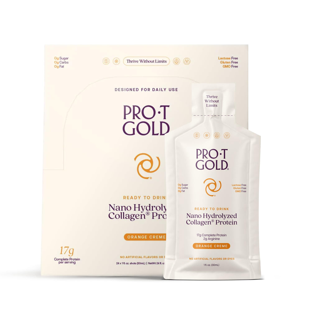 ProT Gold orange creme liquid collagen bottle highlighting rapid absorption for post-workout support.