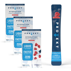 Protekt raspberry electrolyte packets dissolve in water for quick on-the-go hydration
