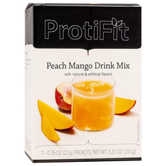 ProtiFit Peach Mango powder tub showing high-protein, sugar-free formulation for a healthy beverage option.