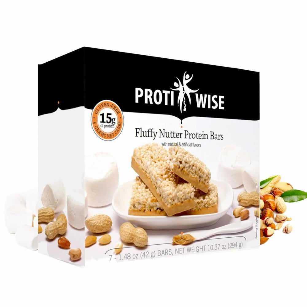 ProtiWise Fluffy Nutter bar in a box highlighting 15 g protein for meal replacement