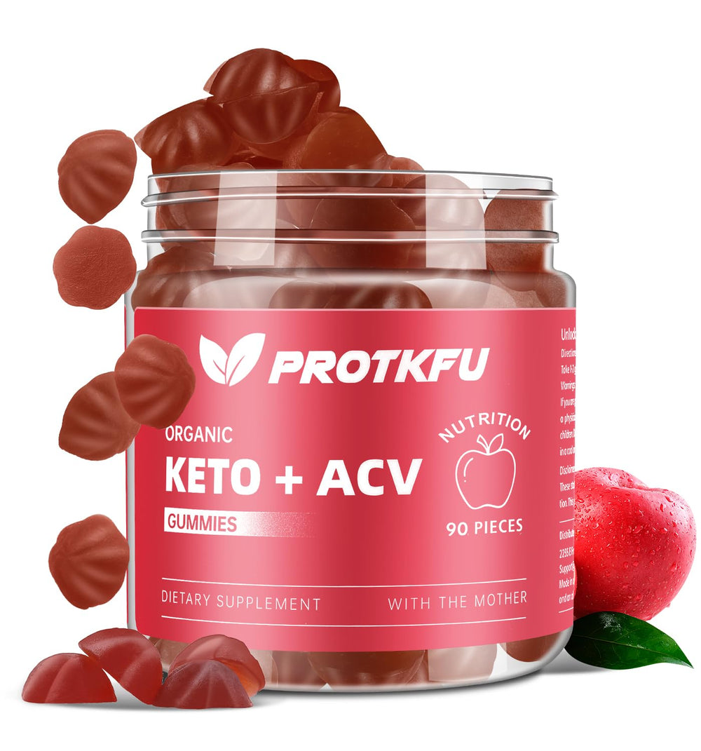 ProTKFU Keto ACV Gummies bottle closeup highlighting vegan, organic formula for gut support.