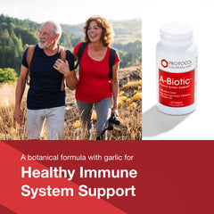 Protocol For Life Balance A-Biotic garlic-capsules suggest garlic-based immune support.