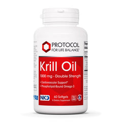 PROTOCOL FOR LIFE BALANCE Krill Oil bottle showing 1,000mg formula for heart and brain support.