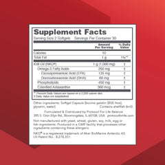 PROTOCOL FOR LIFE BALANCE Krill Oil softgels closeup emphasizing DHA and EPA