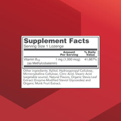 Label closeup of Protocol For Life Balance Methyl B12 lozenges showing dosage and certifications