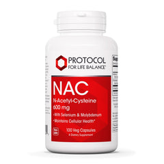 Protocol for Life Balance NAC selenium molybdenum bottle with capsules, ready for daily use.