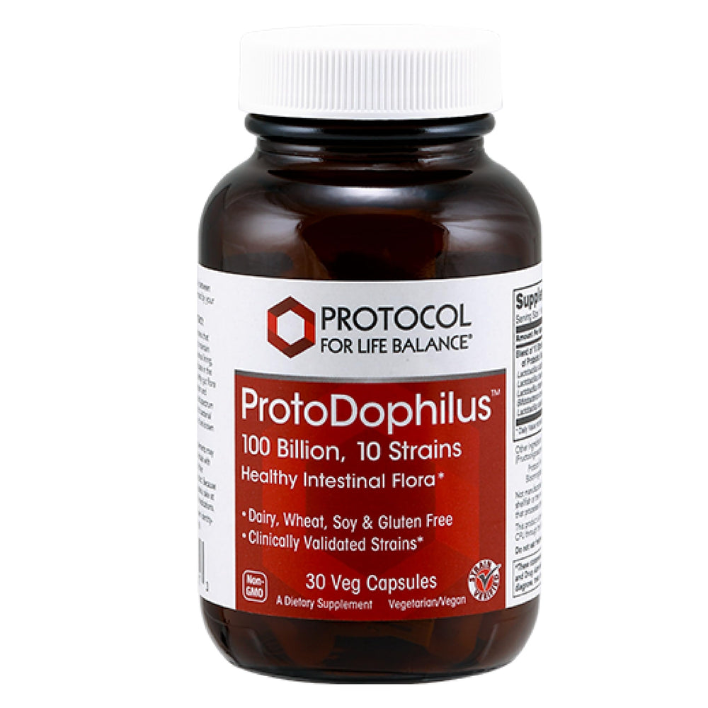 Protocol For Life Balance Proto Dophilus bottle with 100 billion CFU for daily digestive support.