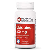 Protocol for Life Balance ubiquinol 200mg softgels bottle front highlights heart health potential.