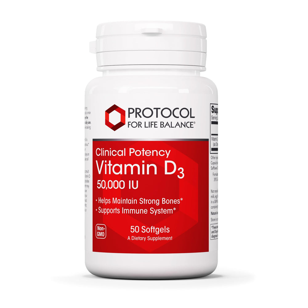 Protocol For Life Balance Vitamin D3 50000 IU bottle supports immune health and bone strength.