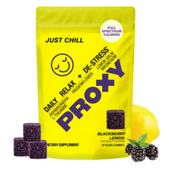 PROXY Just Chill front label shows blackberry lemon flavor for daily stress support.