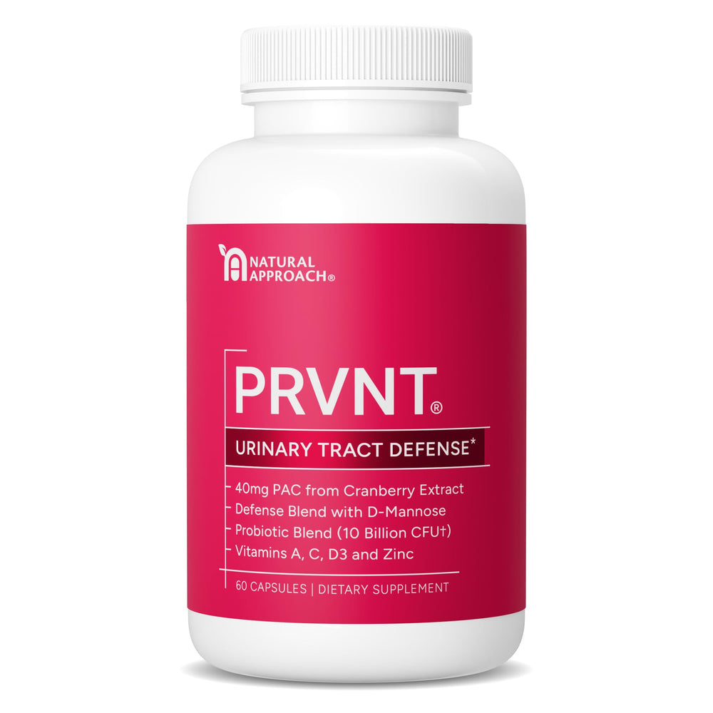 PRVNT Urinary Tract Defense bottle pouring with cranberry PACs for daily support