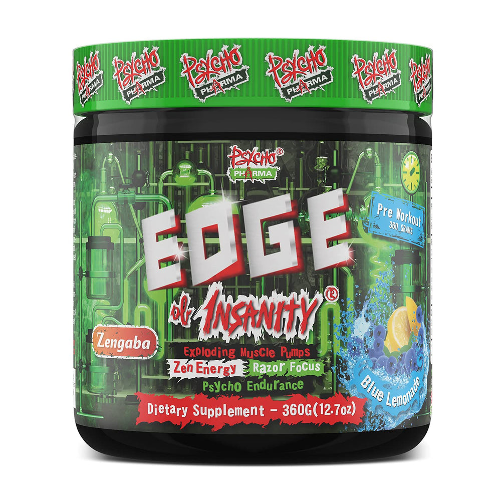 Psycho Pharma Edge of Insanity bottle on gym setup signaling intense energy.