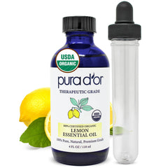 PURA D'OR Organic Lemon Oil bottle with glass dropper for easy diffusion.