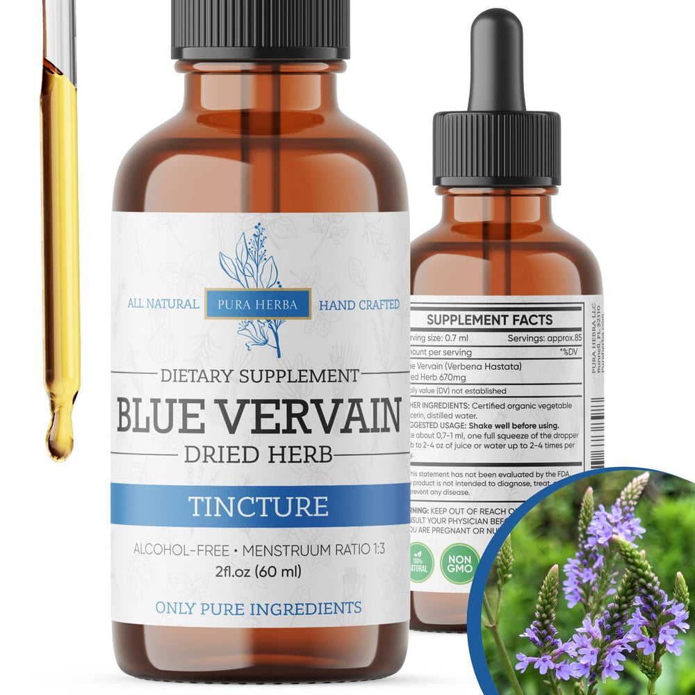 Pura Herba Blue Vervain bottle pour, highlighting the tincture’s color for a calming ritual.