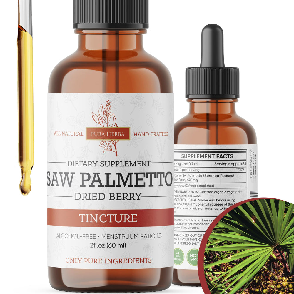 Pura Herba Saw Palmetto Tincture bottle close-up, alcohol-free extract for daily use.