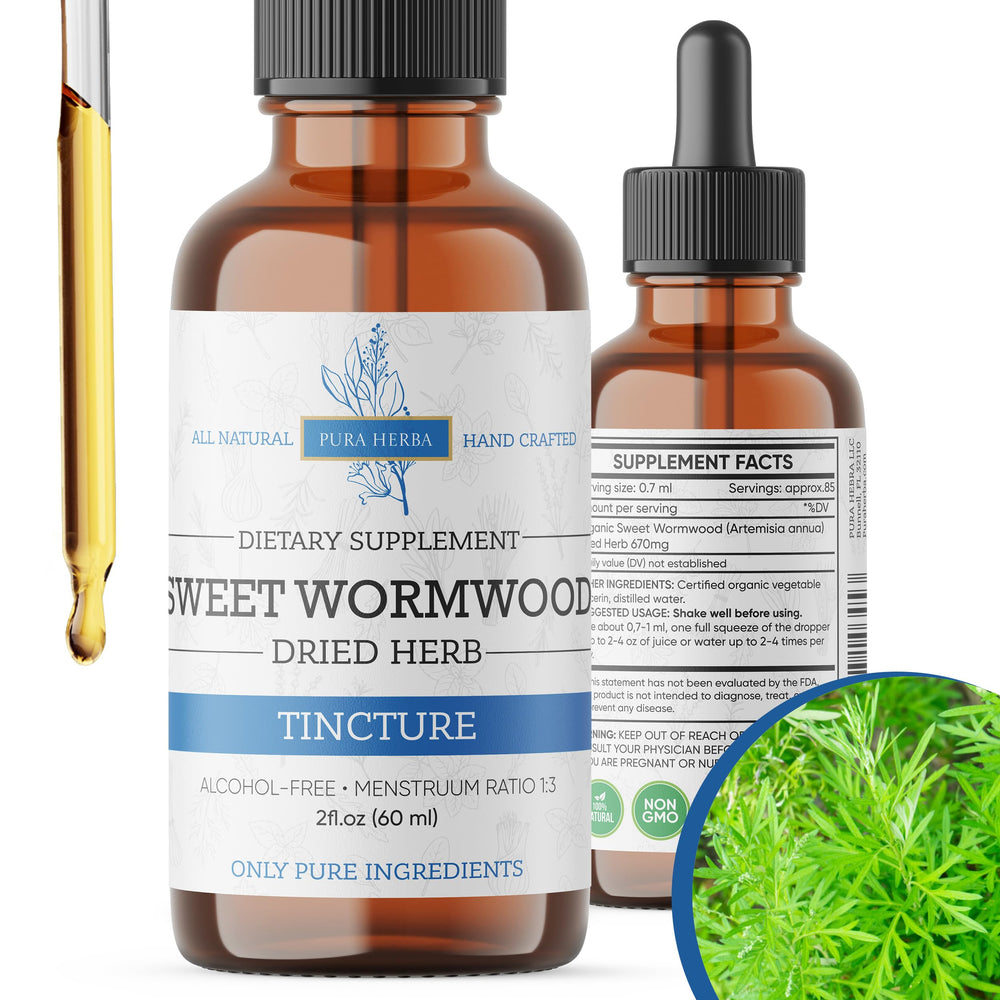 Pura Herba Organic Sweet Wormwood Liquid Drops bottle showcases vegan gut health support