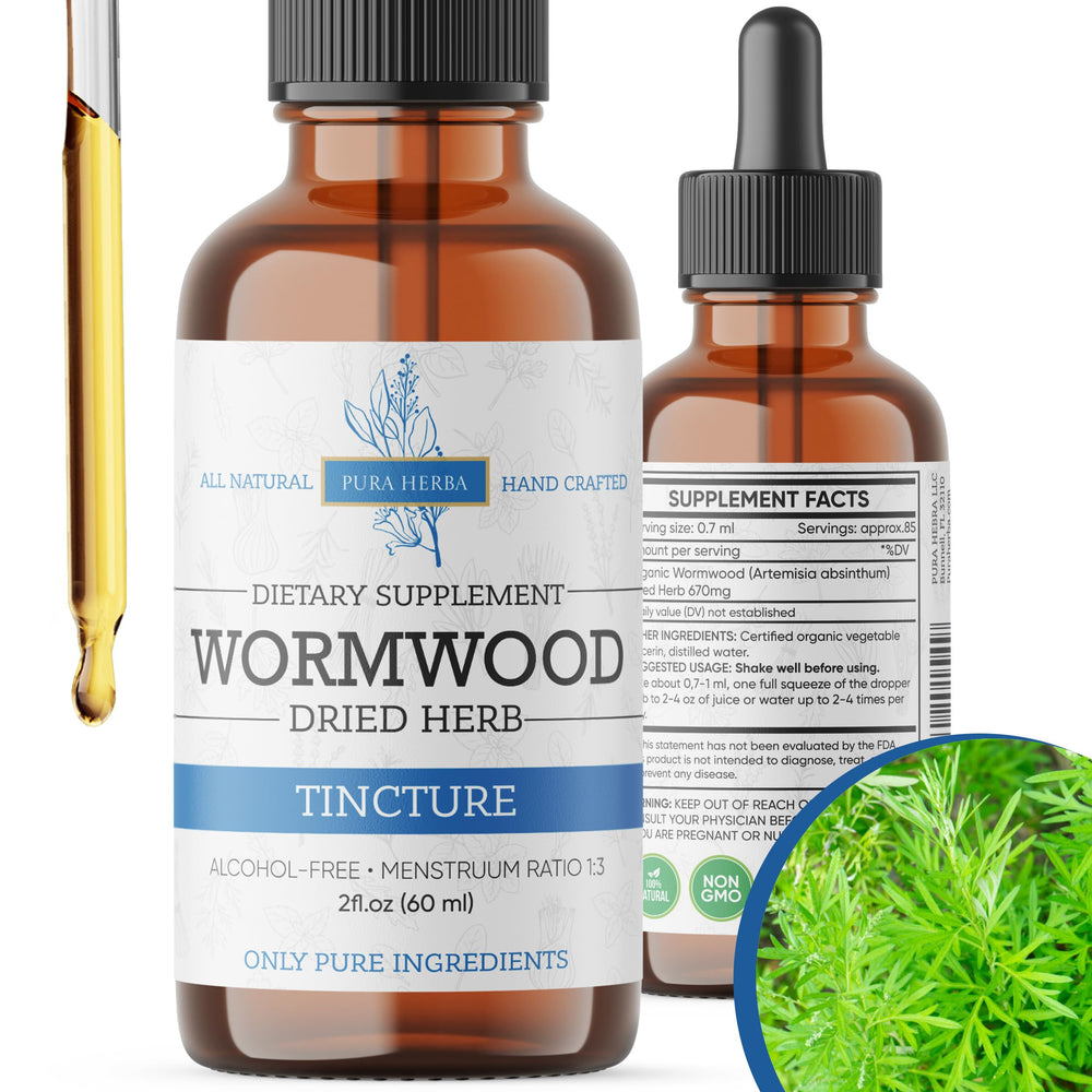 Pura Herba Wormwood Tincture bottle highlights organic, alcohol-free formula for digestive support.