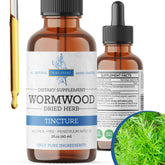 Pura Herba Wormwood Tincture bottle highlights organic, alcohol-free formula for digestive support.